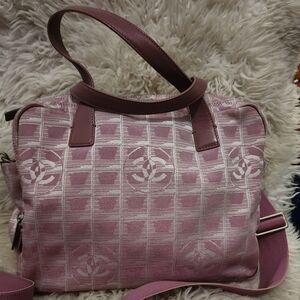 CHANEL New Travel Line Hand Bag Canvas Leather 2way Pink Silver CC